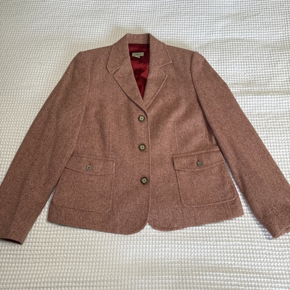 LL Bean Blazer Tweed Womens Medium Wool Silk Blend Pink Speckled Lined Y2K EUC